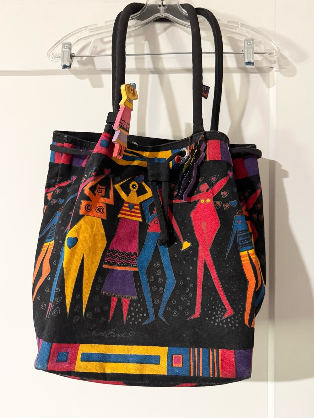 Vintage Laurel Birch Bucket Bag Painted Canvas Drawstring Abstract XL